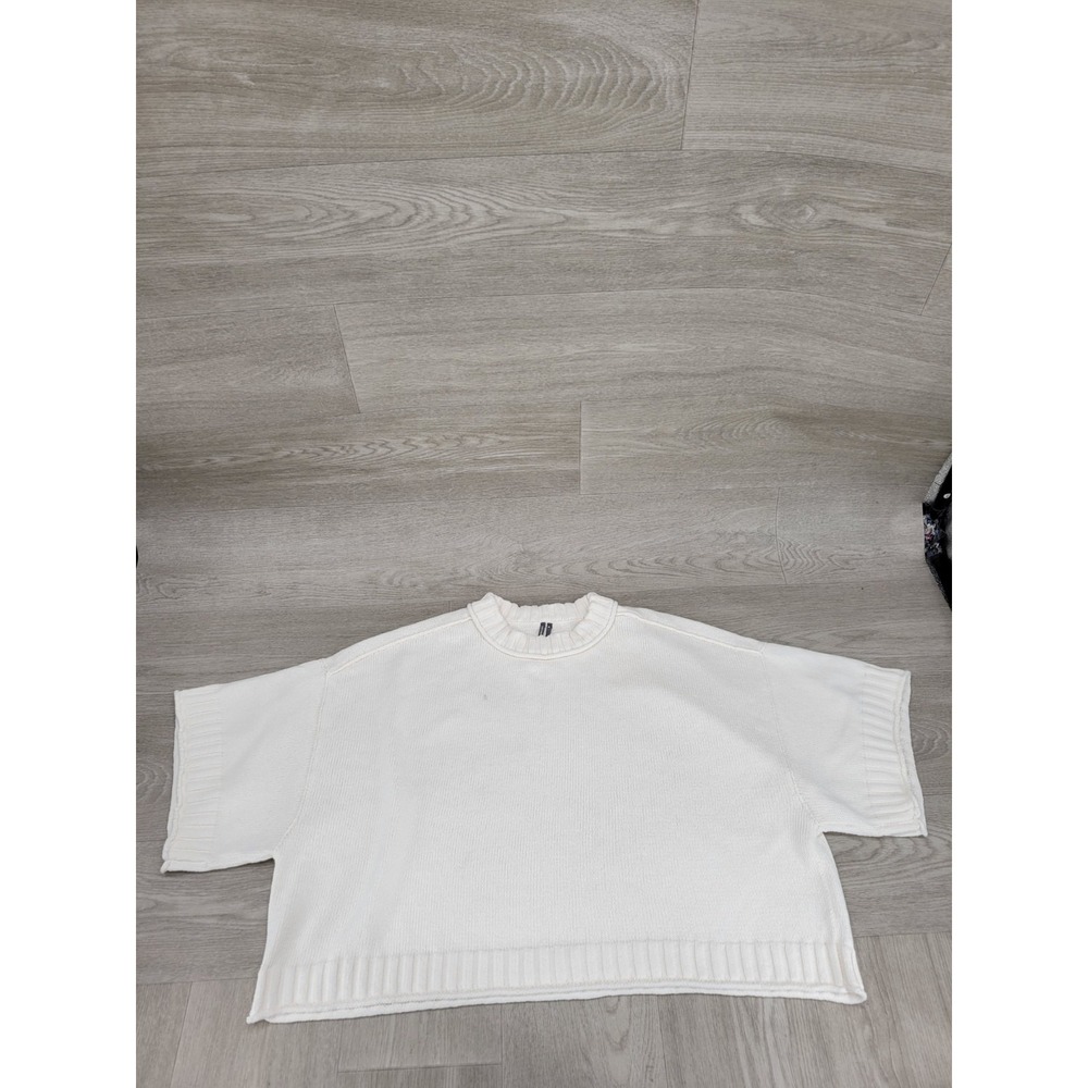 Anthropologie Women's M Ivory Cropped Boxy Knit Sweater 100% Cotton Short Sleeve